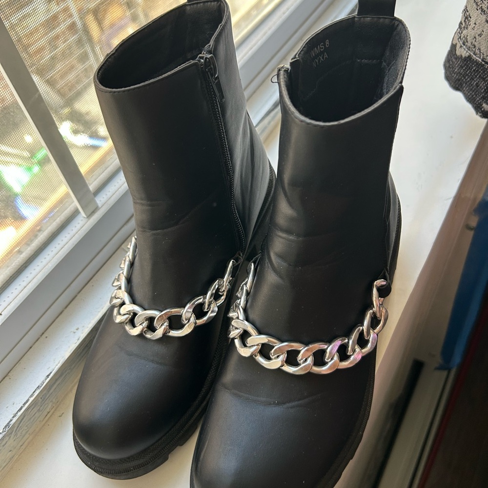 Black Chunky Ankle Boots with Silver Chain - Picture 3 of 3